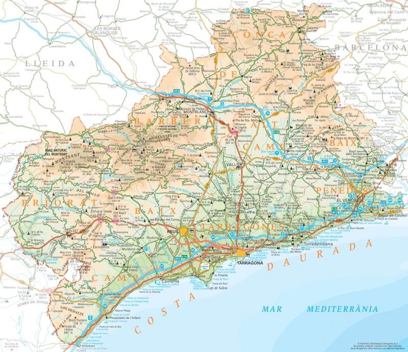 Mapa de la Costa Dorada: Tarragona, Reus, Salou, Cambrils y alrededores